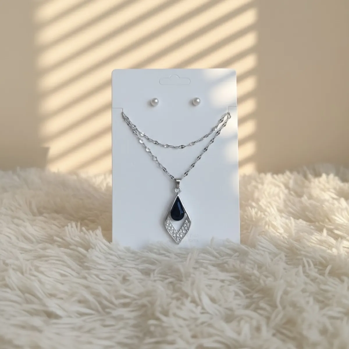 Black Onyx Teardrop Pendant Necklace with Matching Pearl Stud Earrings Set - Image 1