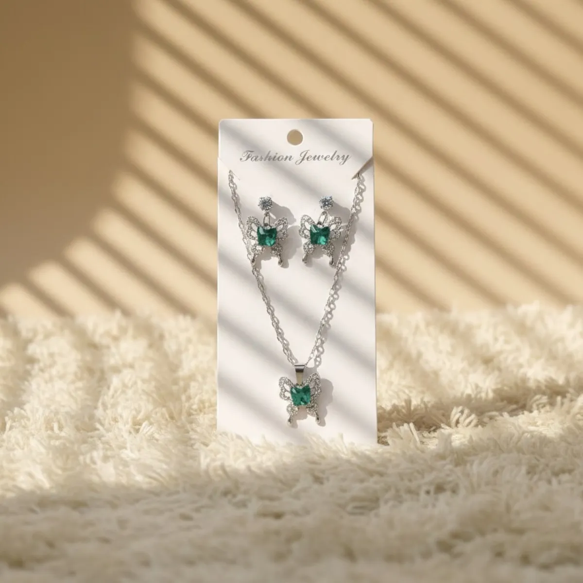 Emerald Green Butterfly Pendant Necklace with Matching Butterfly Drop Earrings Set - Image 1