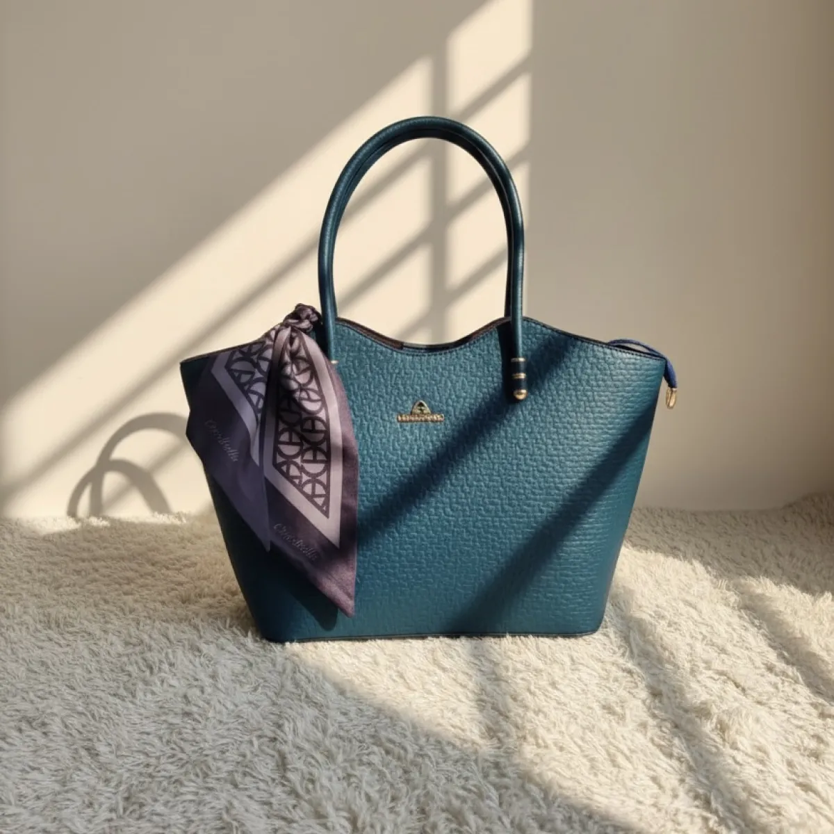 Miss Dong Elegant Pebbled Tote Bag with Printed Scarf Accent (Large) - Image 1