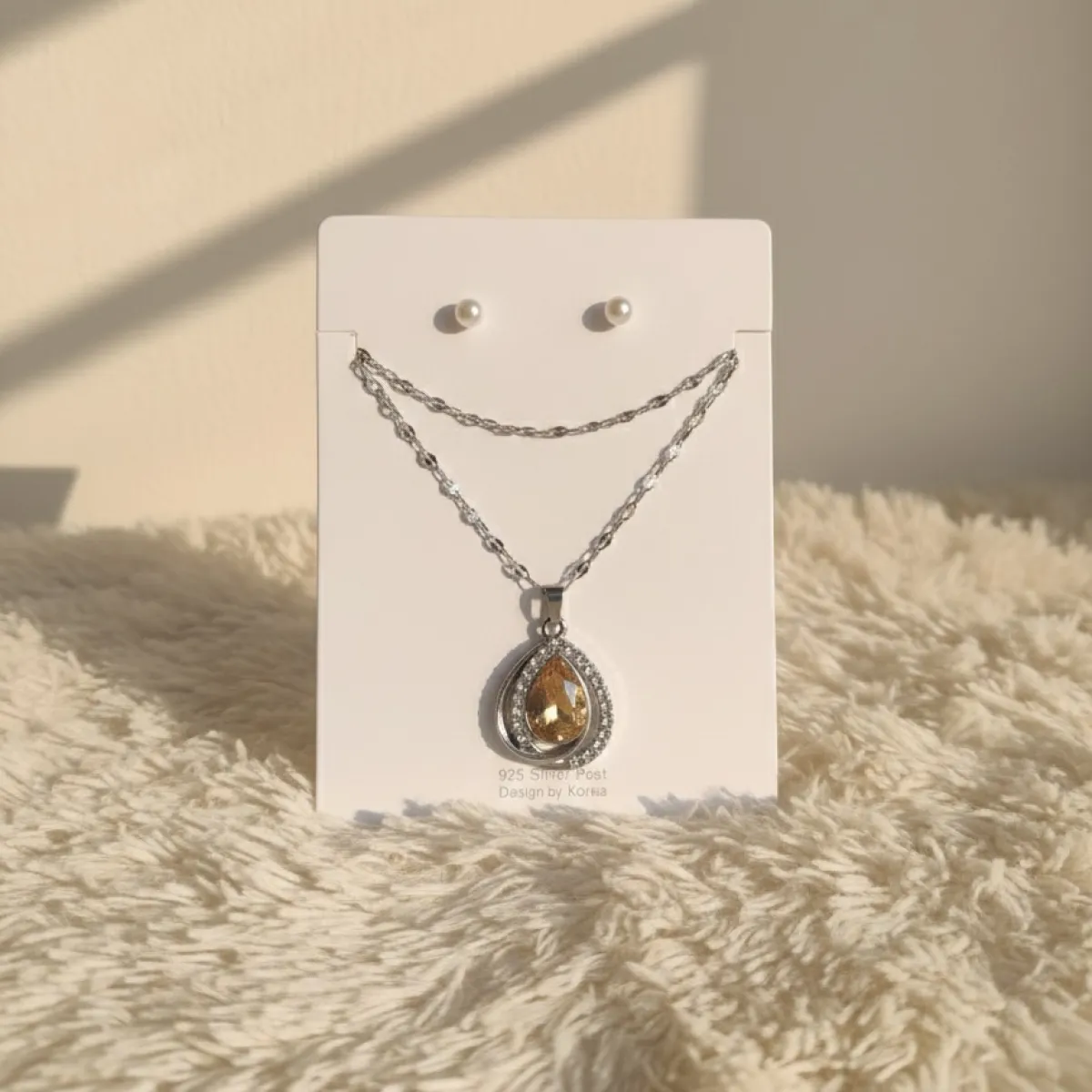 Golden Orange Crystal Teardrop Pendant Necklace with Matching Pearl Stud Earrings Set - Image 1