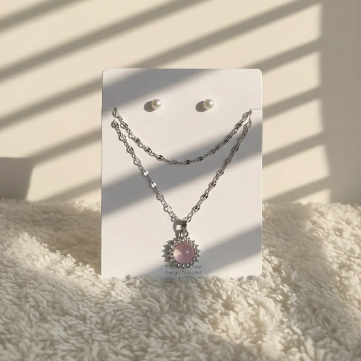Soft Pink Opal Sun Pendant Necklace with Matching Pearl Stud Earrings Set - Image 1