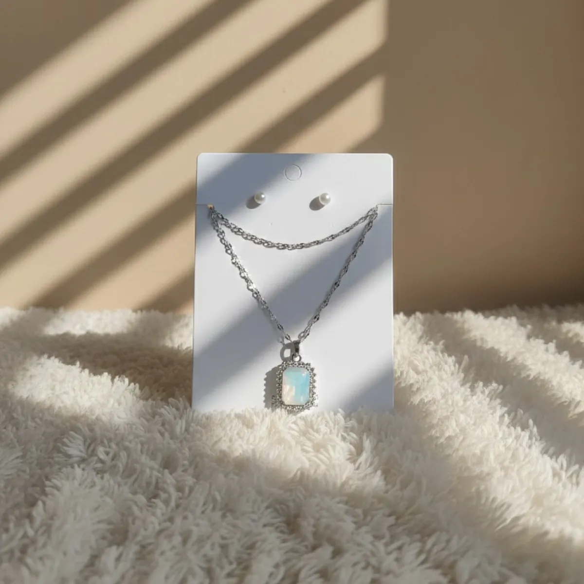 Opalescent Aqua Stone Pendant Necklace with Matching Pearl Stud Earrings Set - Image 1