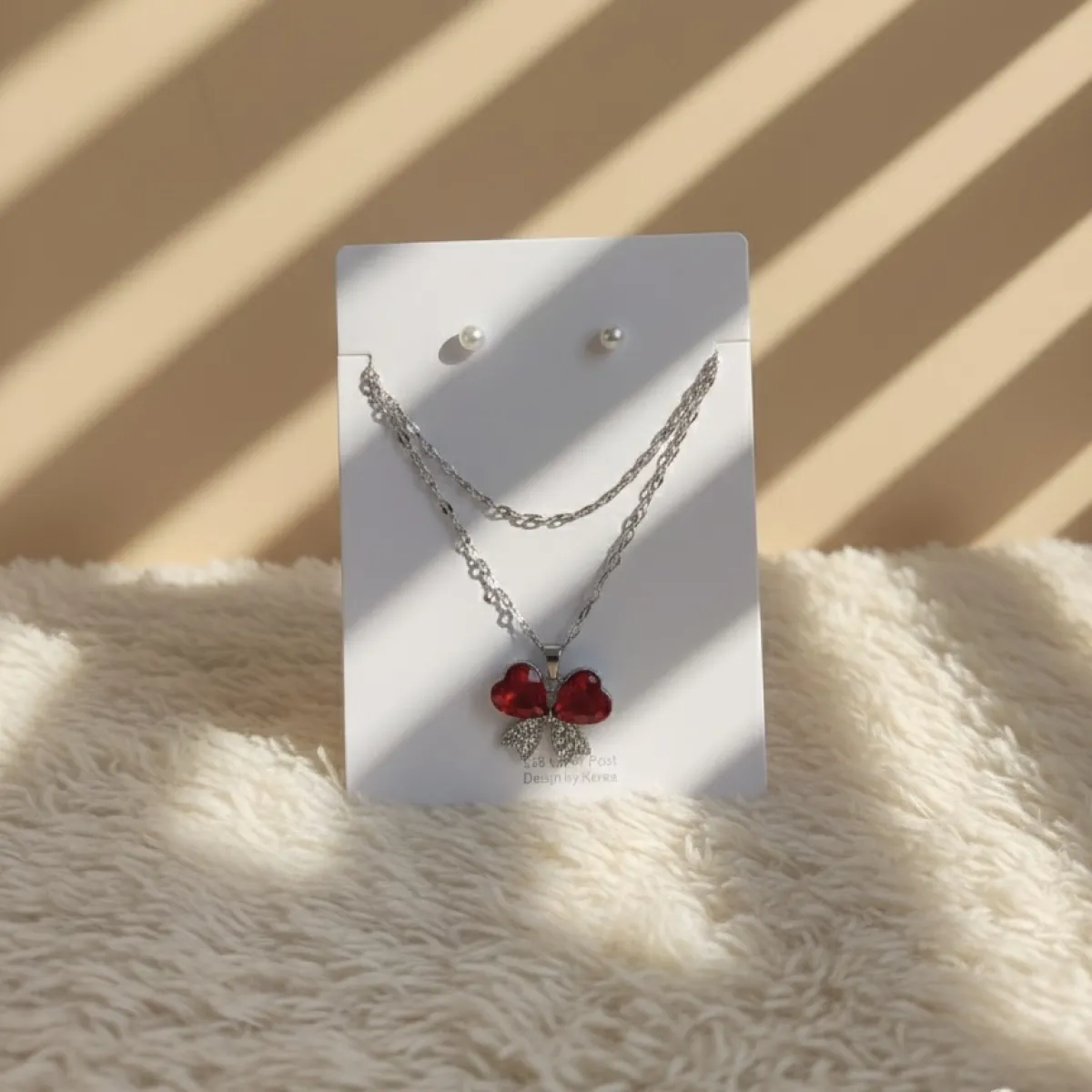 Red Heart Crystal Pendant Necklace with Matching Pearl Stud Earrings Set - Image 1