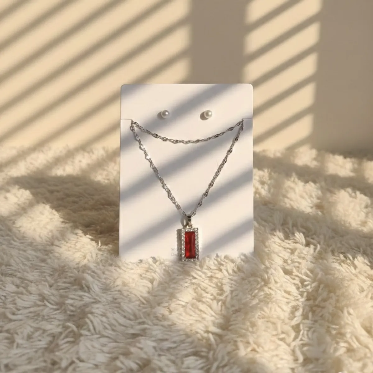 Red Rectangle Crystal Pendant Necklace with Matching Pearl Stud Earrings Set - Image 1