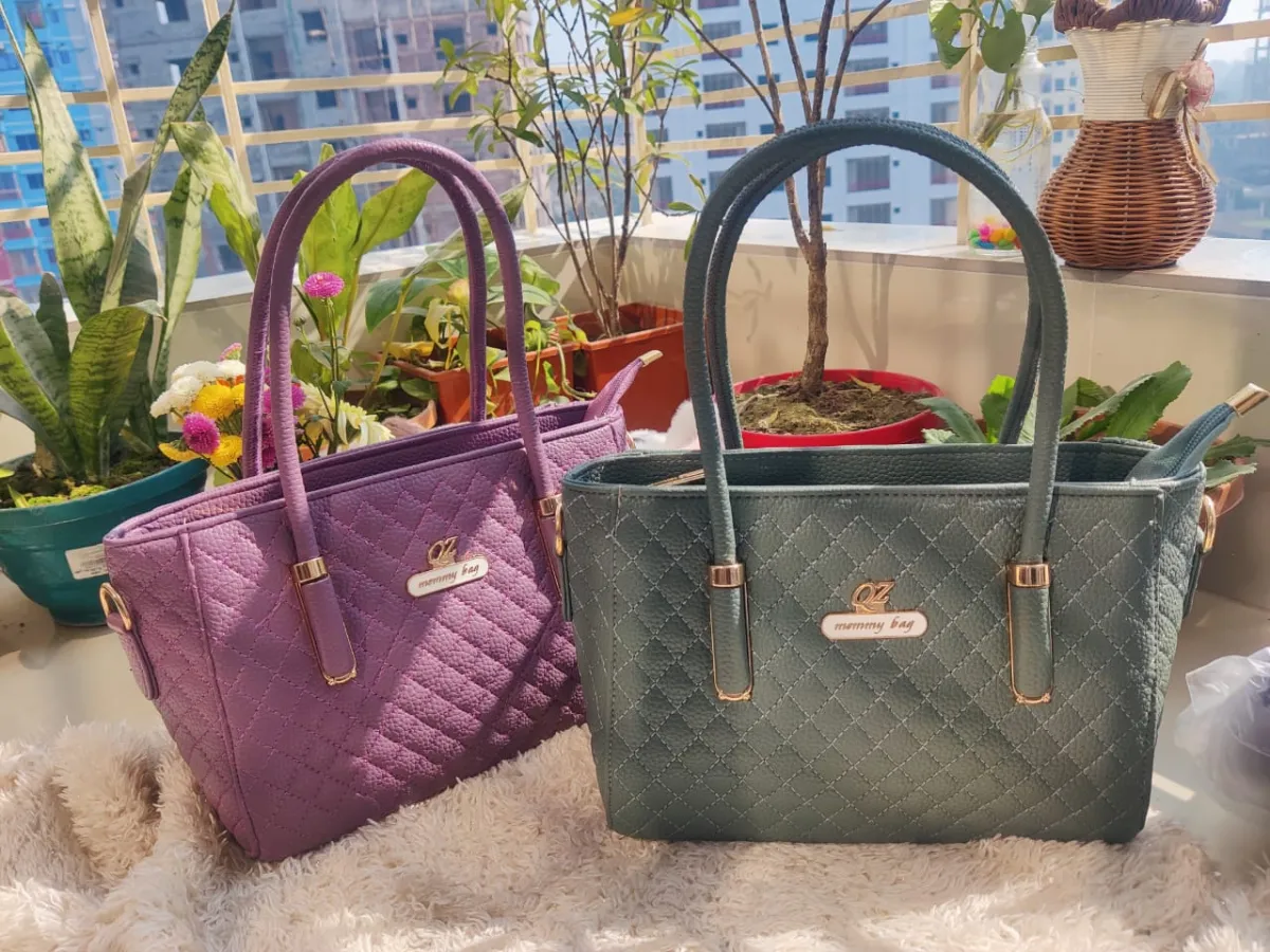Quilted Mommy Bag with Golden Hardware & Dual Handles - Image 1