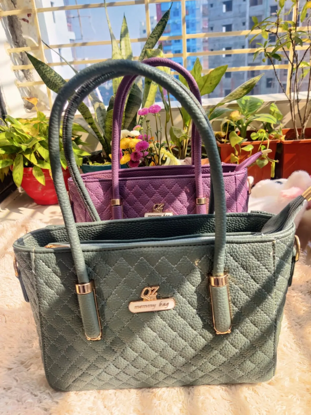 Quilted Mommy Bag with Golden Hardware & Dual Handles - Image 2
