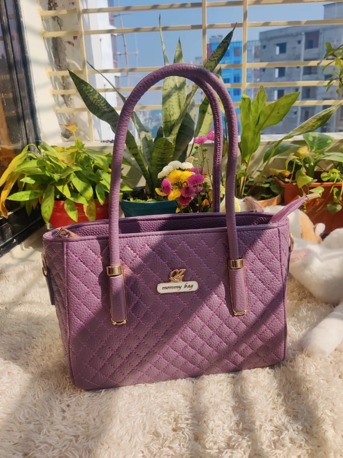 Quilted Mommy Bag with Golden Hardware & Dual Handles - Image 3