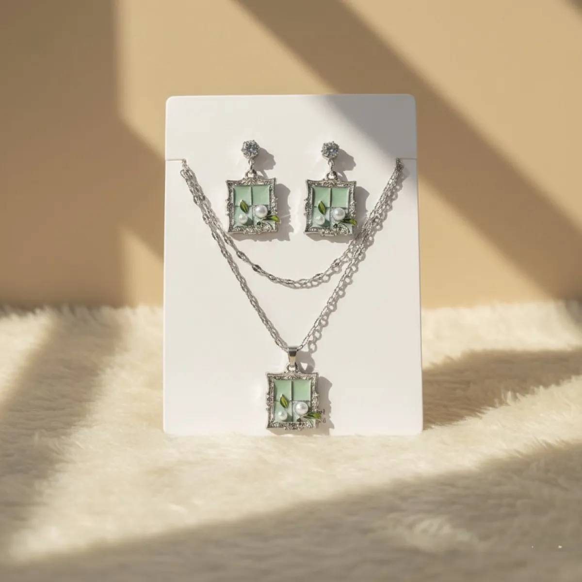Vintage Window Scene Pendant Necklace with Matching Earrings Set - Image 2