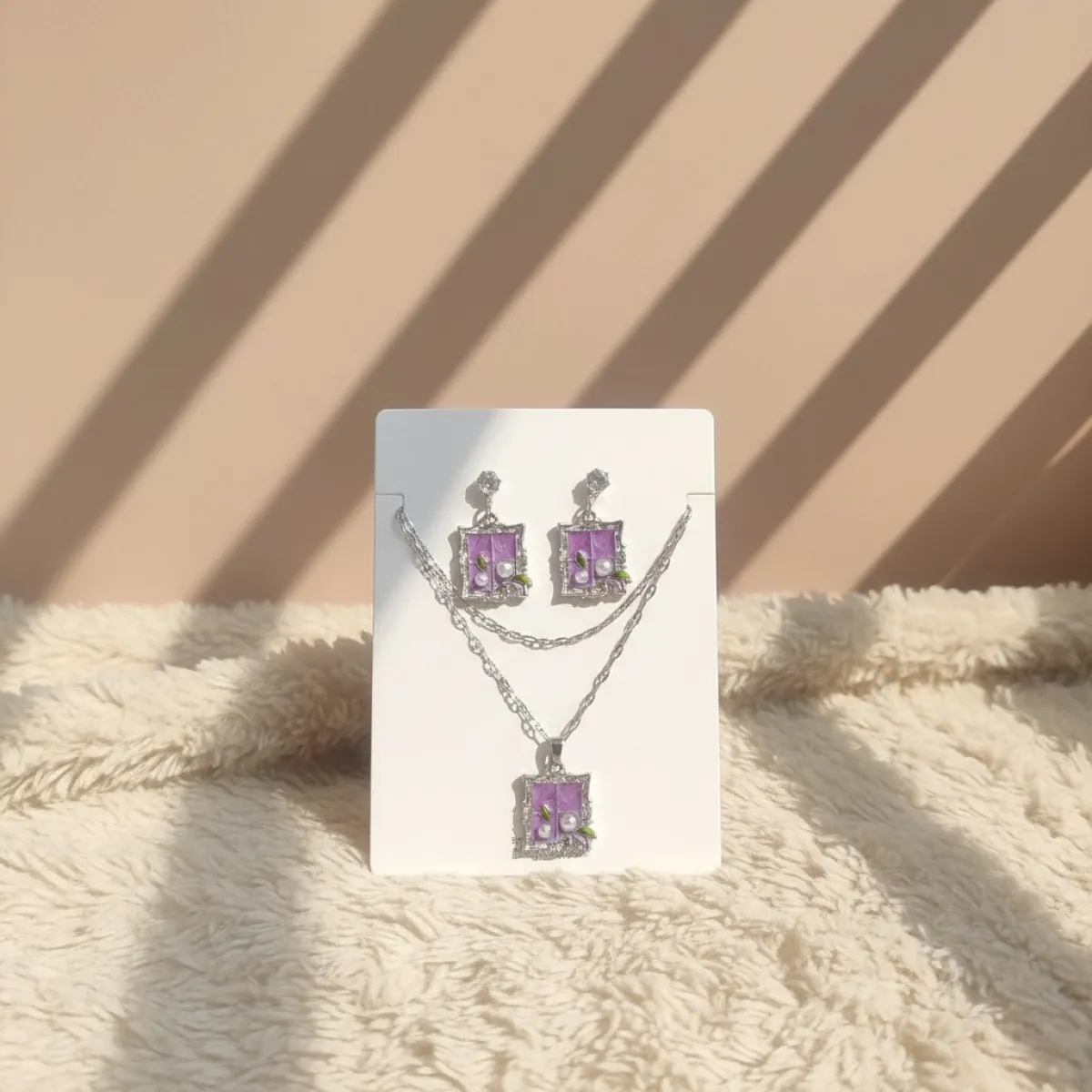 Vintage Window Scene Pendant Necklace with Matching Earrings Set - Image 1