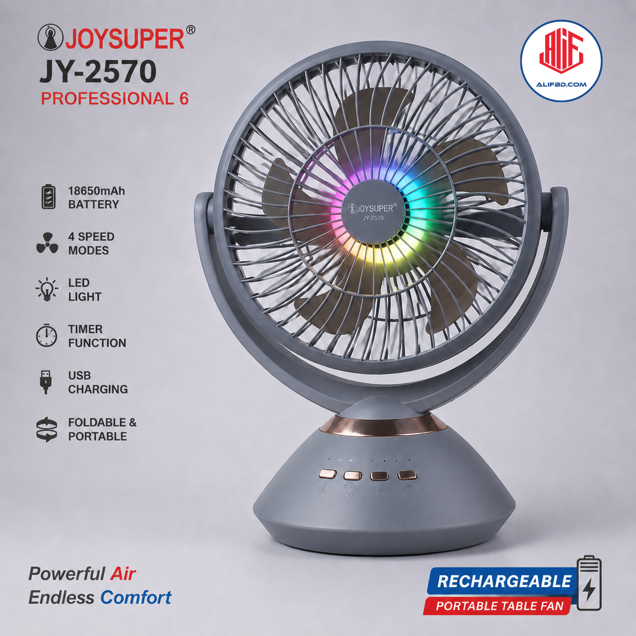 Joy Super JY-2570 Professional 6 Battery Rechargeable Portable Table Fan