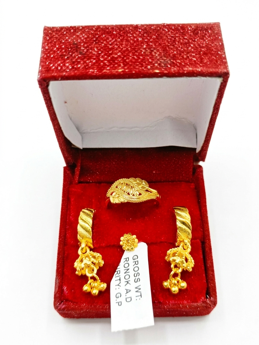 Indian Gold Color  (১জোড়া দুল +১টা  নাক ফুল + ১টি আংটি)  (Love 1 )