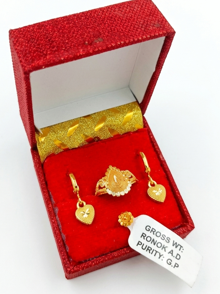 Gold Color  (১জোড়া দুল +১টা  নাক ফুল + ১টি আংটি)  (Love4)