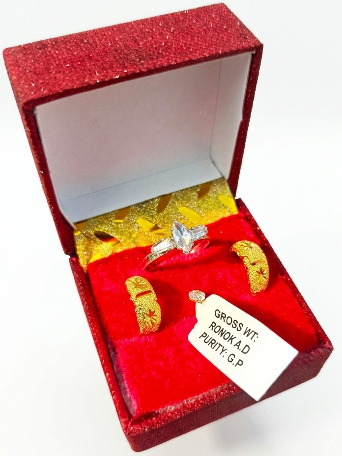 Gold Color (১জোড়া দুল +১টা ডায়মনকার্ট নাক ফুল + ১টি ডায়মন্ডকার্ট আংটি) Earring Combo (EN2)
