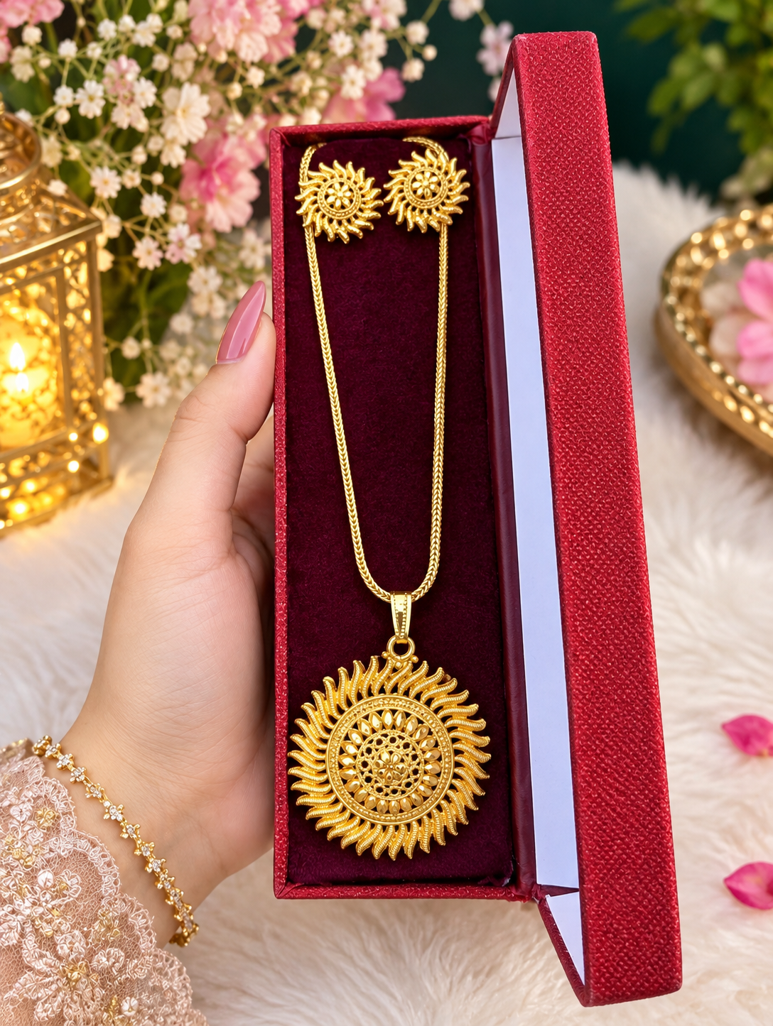 Gold Plate Sun Necklace + Earrings (R5)