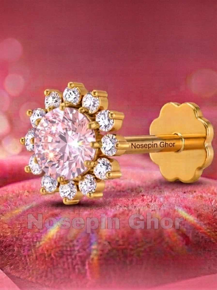 13 Stone Diamond Curt Nosepine  (Pink-13)