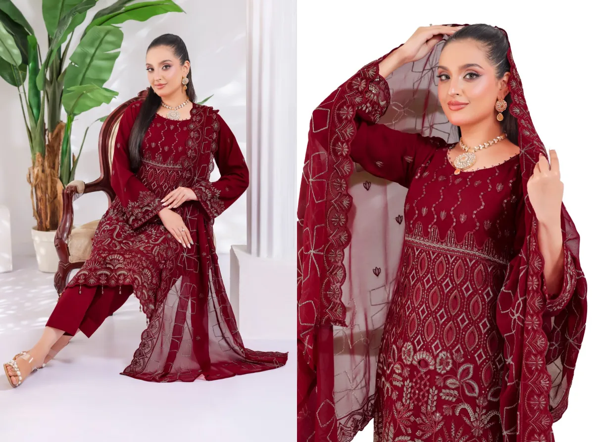 Premium Embroidered Maroon Three Piece for Women | Elegant Party Wear Dress🤩