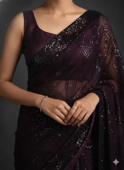 Dark Plum Sequin Georgette Saree | Elegant Party Wear_img_0