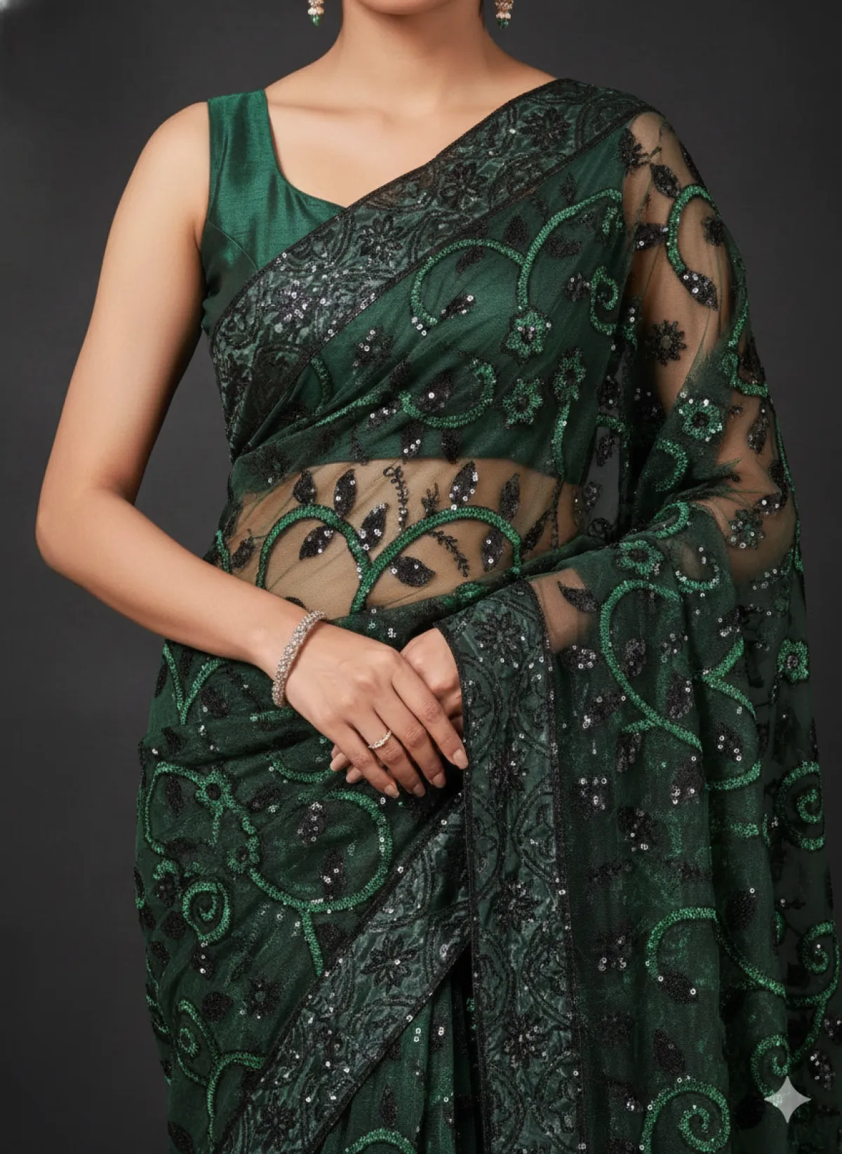 Emerald Green Embroidered Sequin Saree | Festive & Wedding Wear