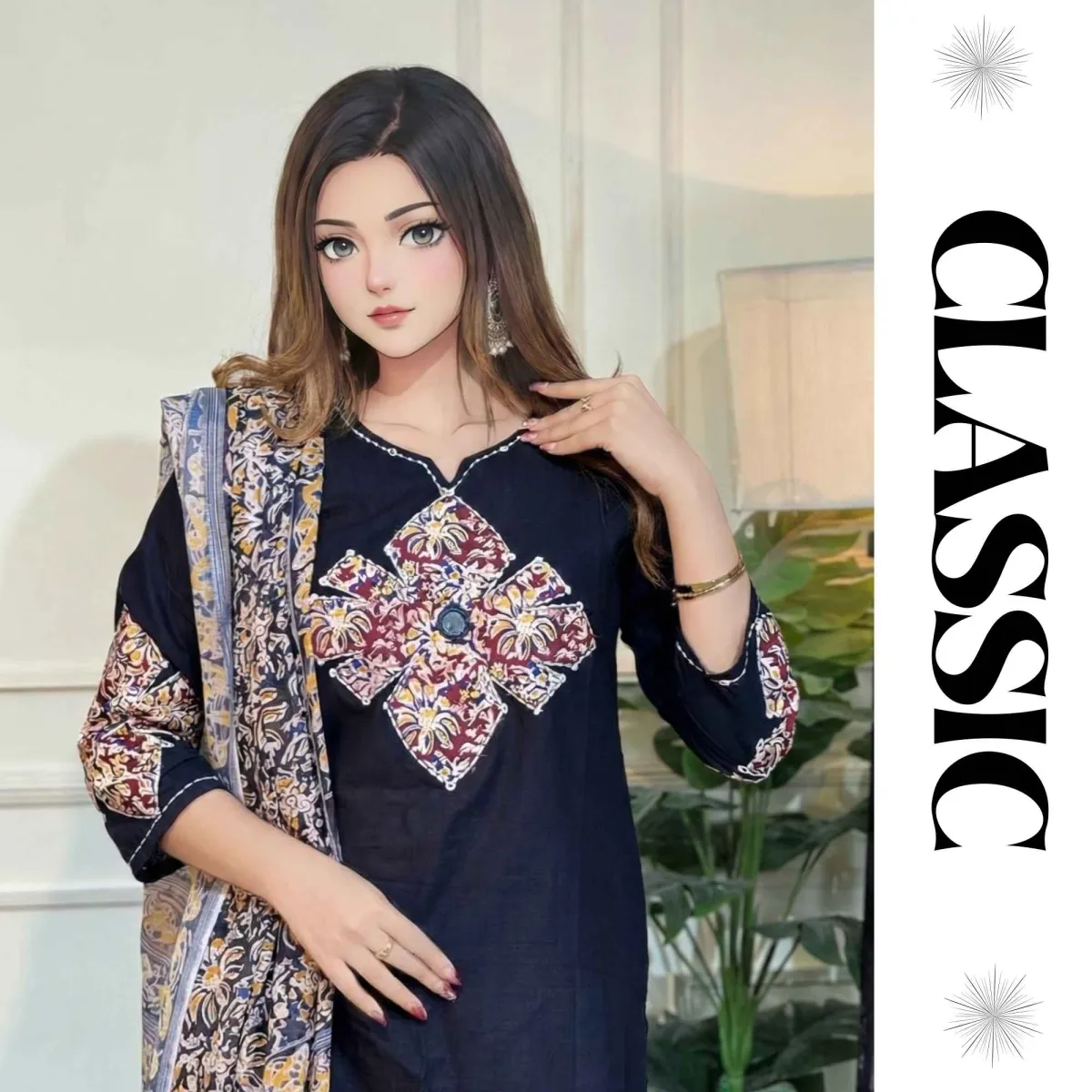 Classic Black Printed Three Piece