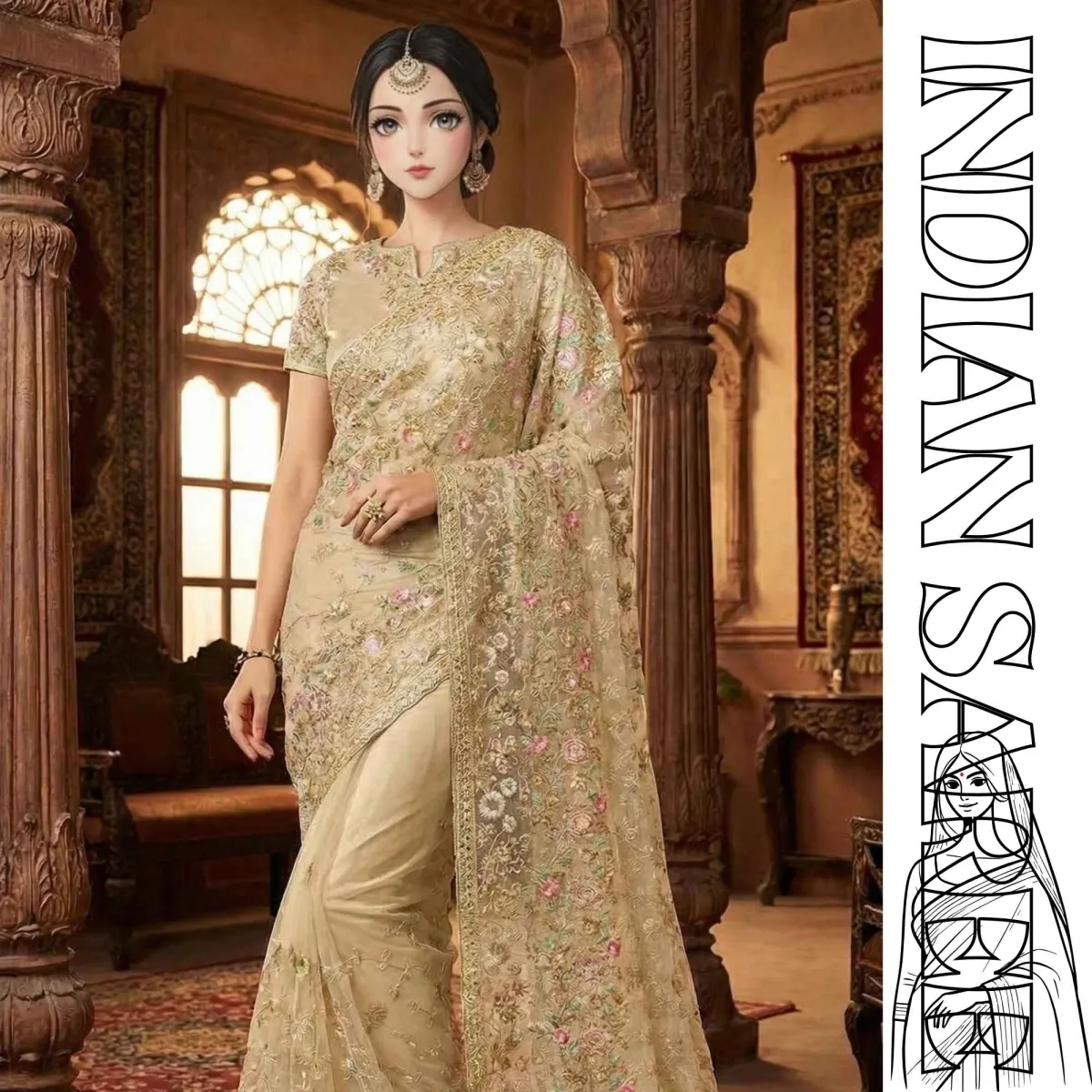 Indian Champagne Gold Embroidered Georgette Saree – Wedding & Party Wear Bridal Saree for Women in Bangladesh