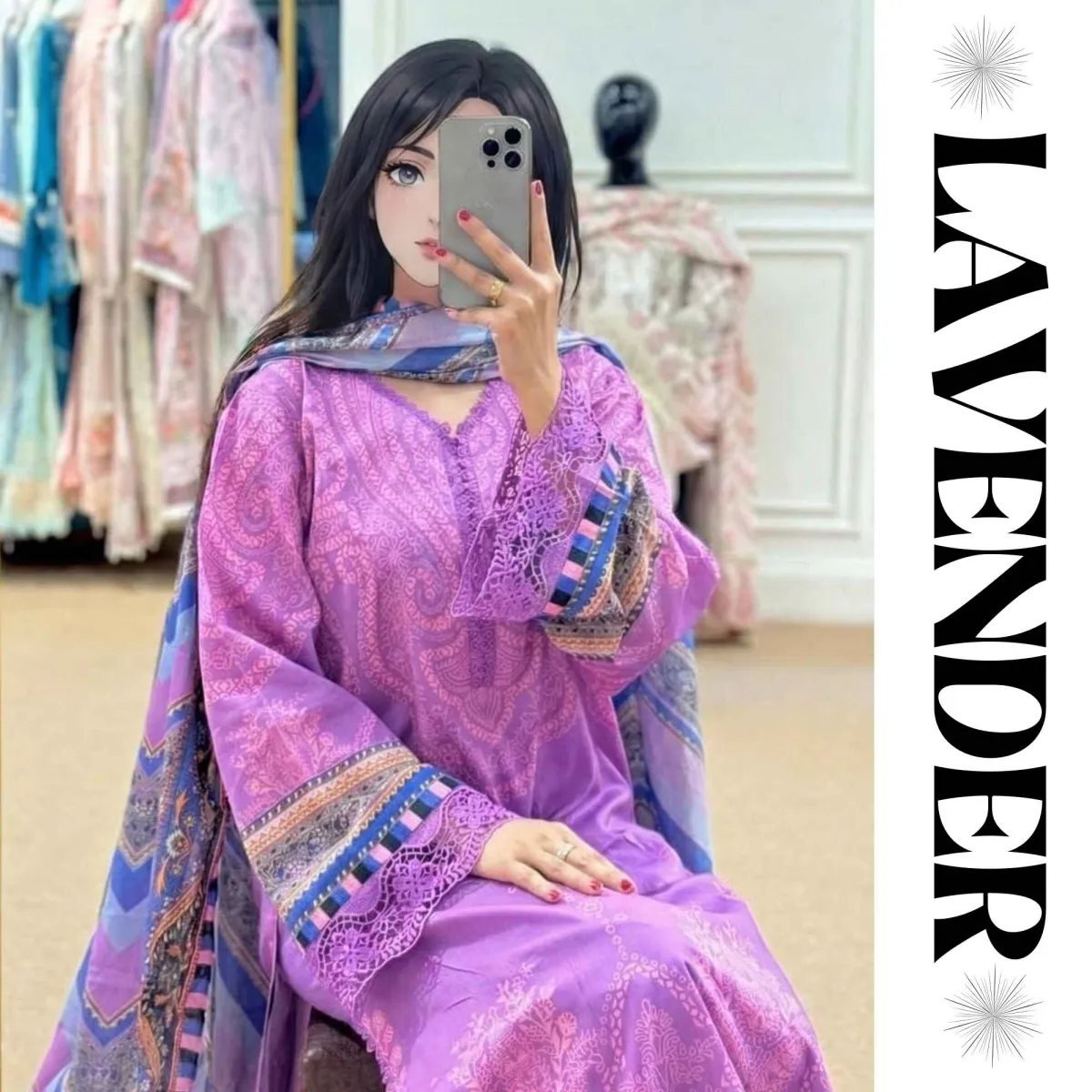 Lavender Purple Digital Printed Lawn 3-Piece
