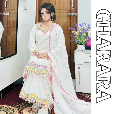Pakistani Inspired White Gharara Traditional Dress_img_0