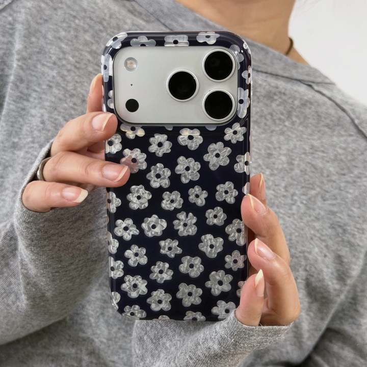 Luxury Mother of Pearl Navy Blue Floral Design iPhone Case | Premium Aesthetic Protection Cover