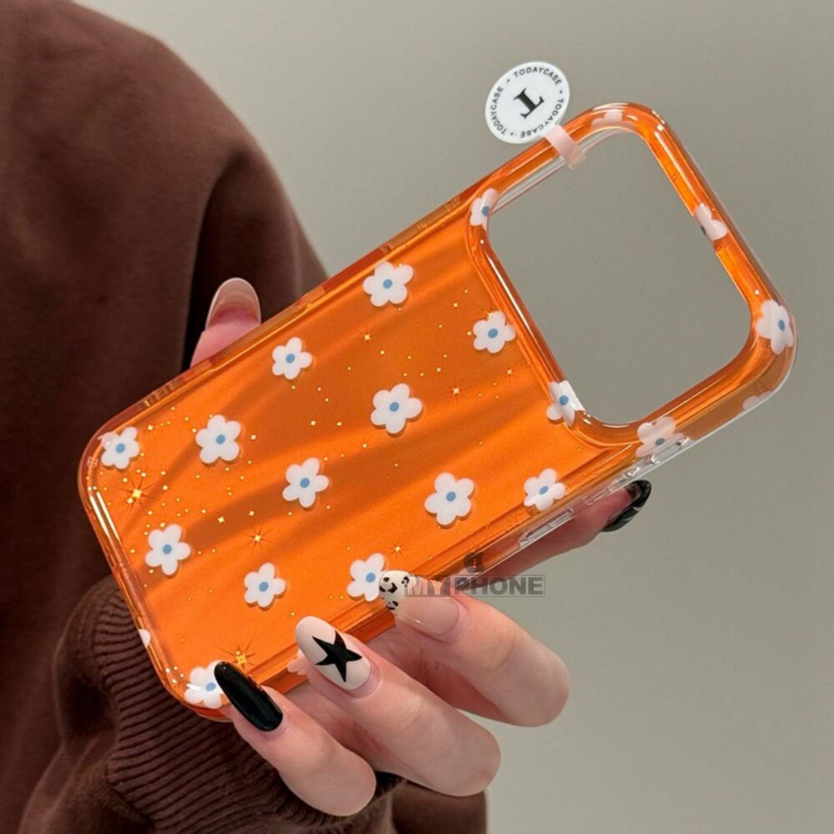 Premium Trending Korean Style Aesthetic: Sunset Orange Blossom Glitter Floral Case_img_1