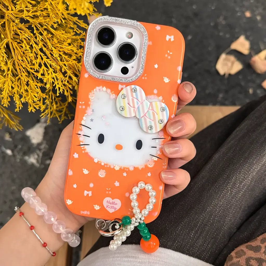 Premium Hello Kitty 3D Bow Case with Pearl Bracelet & Cherry Charm
