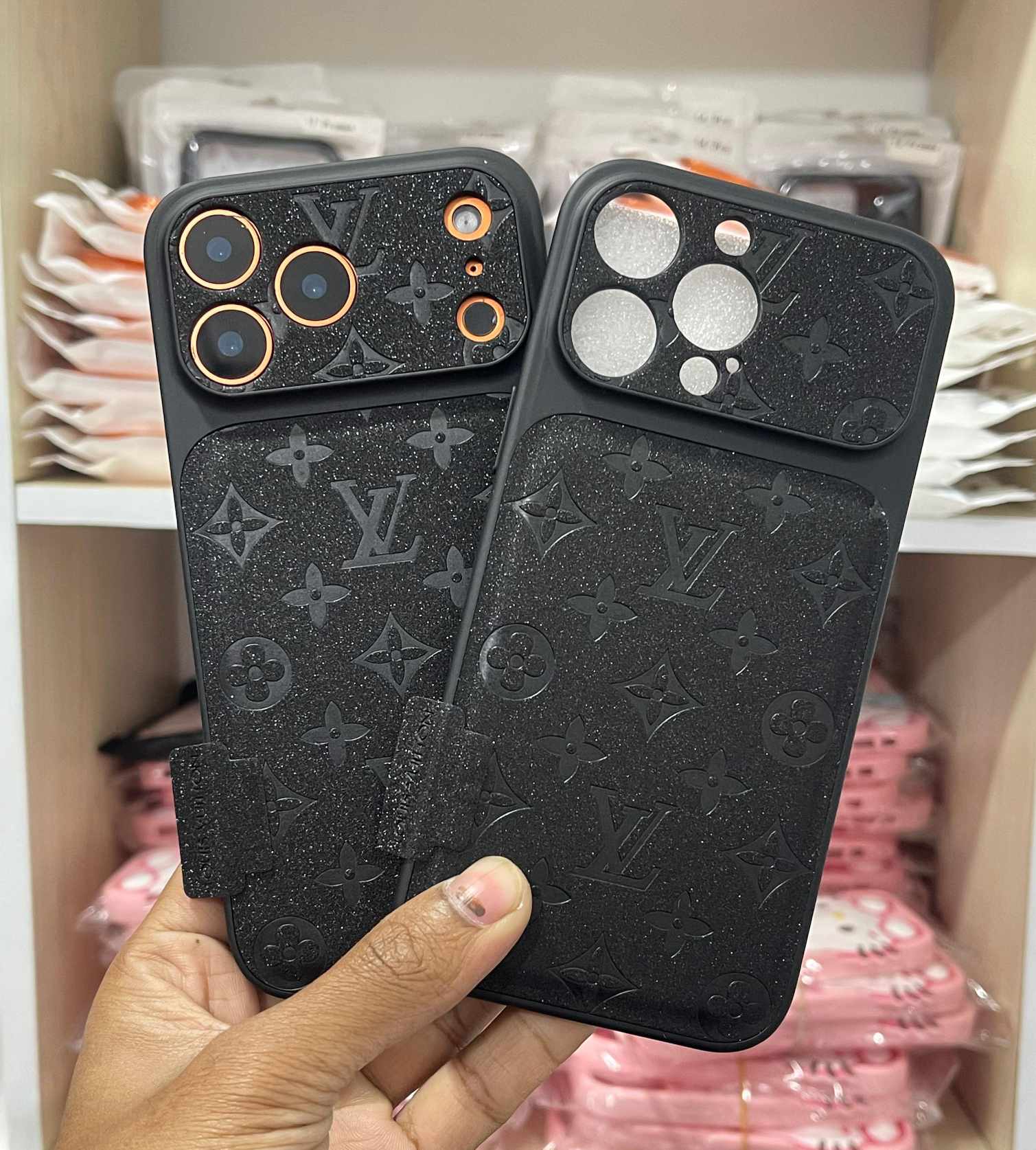 Luxury Edition: Premium Elegant Black Trendy Louis Vuitton Pattern Glitter Leather iPhone Case_img_7