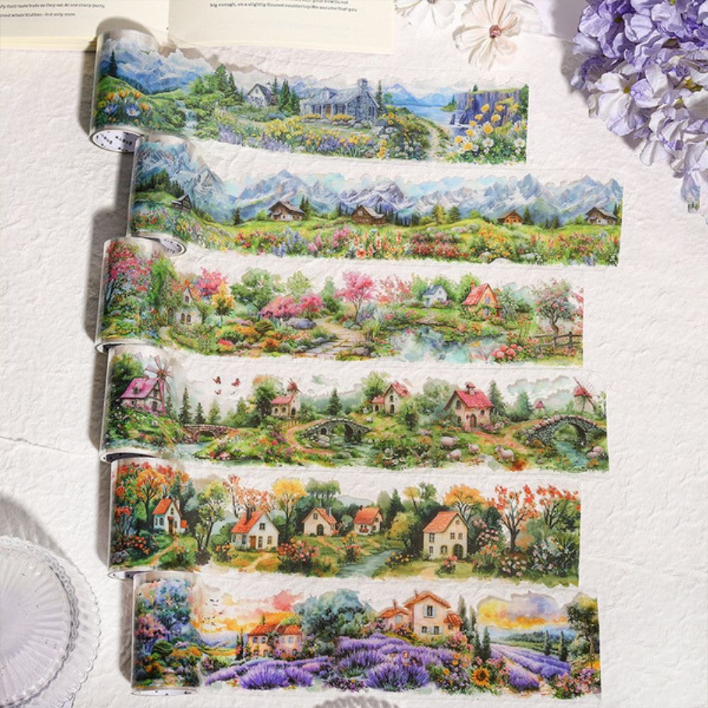Aesthetic Scrapbook PET Washi Tape Stickers – Countryside & Mountain View Themed Decorative Transparent Tape for Scrapbooking, Journaling, Photo Albums, Bullet Journals & DIY Crafts From CHARUKAJ
