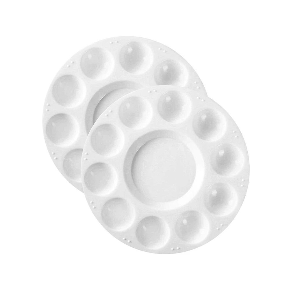 2 Pieces 10 Hole Round Palette 6.7cm Plastic Artist Paint Palette for Acrylic, Watercolor & Poster Color Multi Purpose Drawing Tray Paint Plates By CHARUKAJ (White)