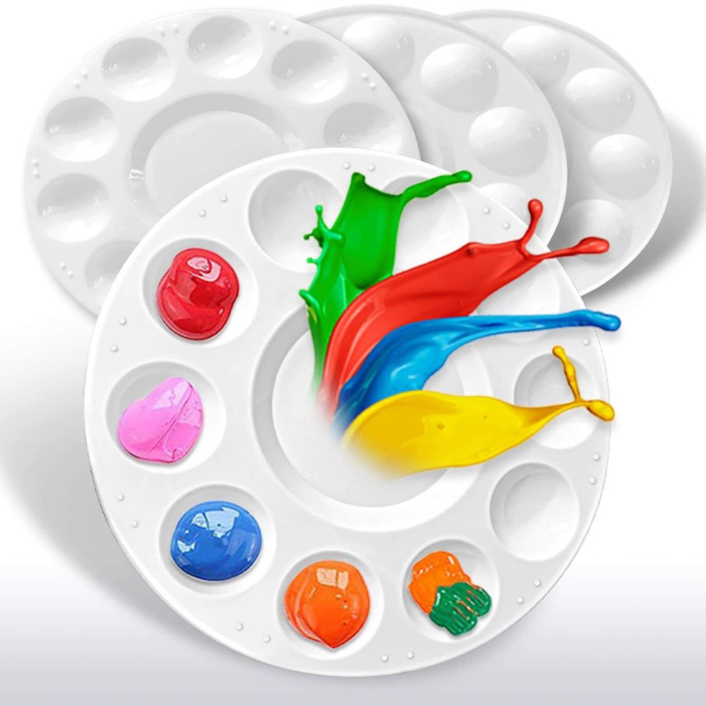 4 Pieces 10 Hole Round Palette 6.7cm Plastic Artist Paint Palette for Acrylic, Watercolor & Poster Color Multi Purpose Drawing Tray Paint Plates By CHARUKAJ (White)