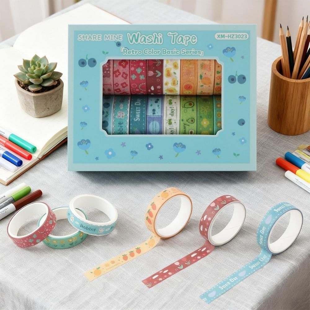 Retro Color Basic Series Washi Tape Set – Cute Decorative Masking Tape Collection with Assorted Cartoon & Unicorn Designs for Scrapbooking, Journaling, Planners, Bullet Journals, Gift Wrapping, DIY Crafts & Creative Projects From CHARUKAJ