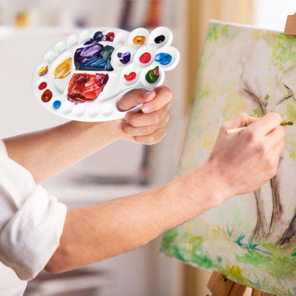 Plum Blossom Large 44cm × 15cm Plastic Artist Paint Palette for Acrylic, Watercolor & Poster Color Multi Purpose Drawing Tray Paint Plates By CHARUKAJ (Yellow, Blue, Pink & White)
