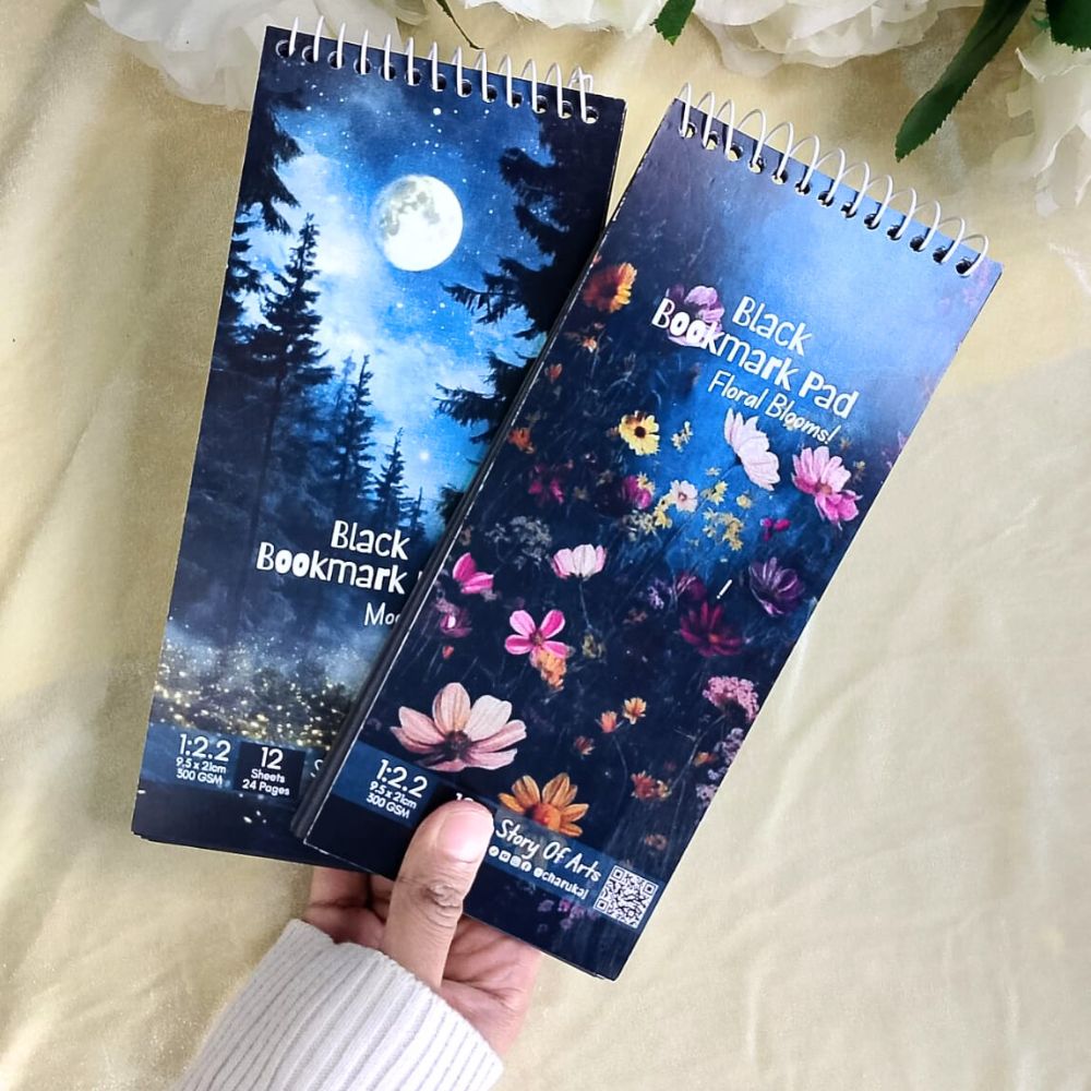 2 Pieces Premium Black Bookmark Pad Combo Set (Floral Blooms + Moonlight Theme) By CHARUKAJ