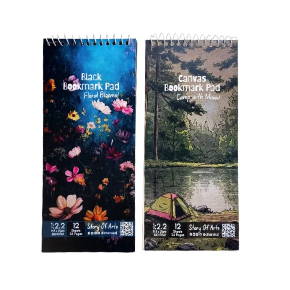 2 Pieces Premium Black & Canvas Bookmark Pad Combo Set (Floral Blooms! + Camp With Moon! Theme) By CHARUKAJ