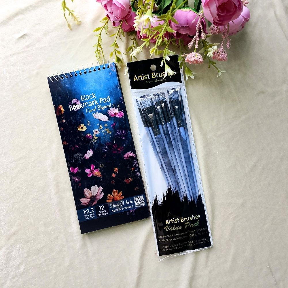 2 in 1 Combo Premium Black Bookmark Pad With Professional Artist Brush Artist Paint for Acrylic, Watercolor & Poster Color Multi Drawing Pads By CHARUKAJ