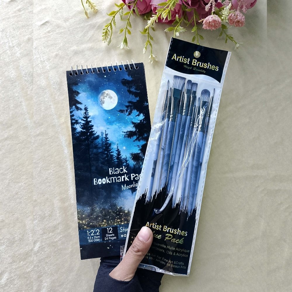 2 in 1 Combo Premium Black Bookmark Pad With Professional Artist Brush Artist Paint for Acrylic, Watercolor & Poster Color Multi Drawing Pads By CHARUKAJ