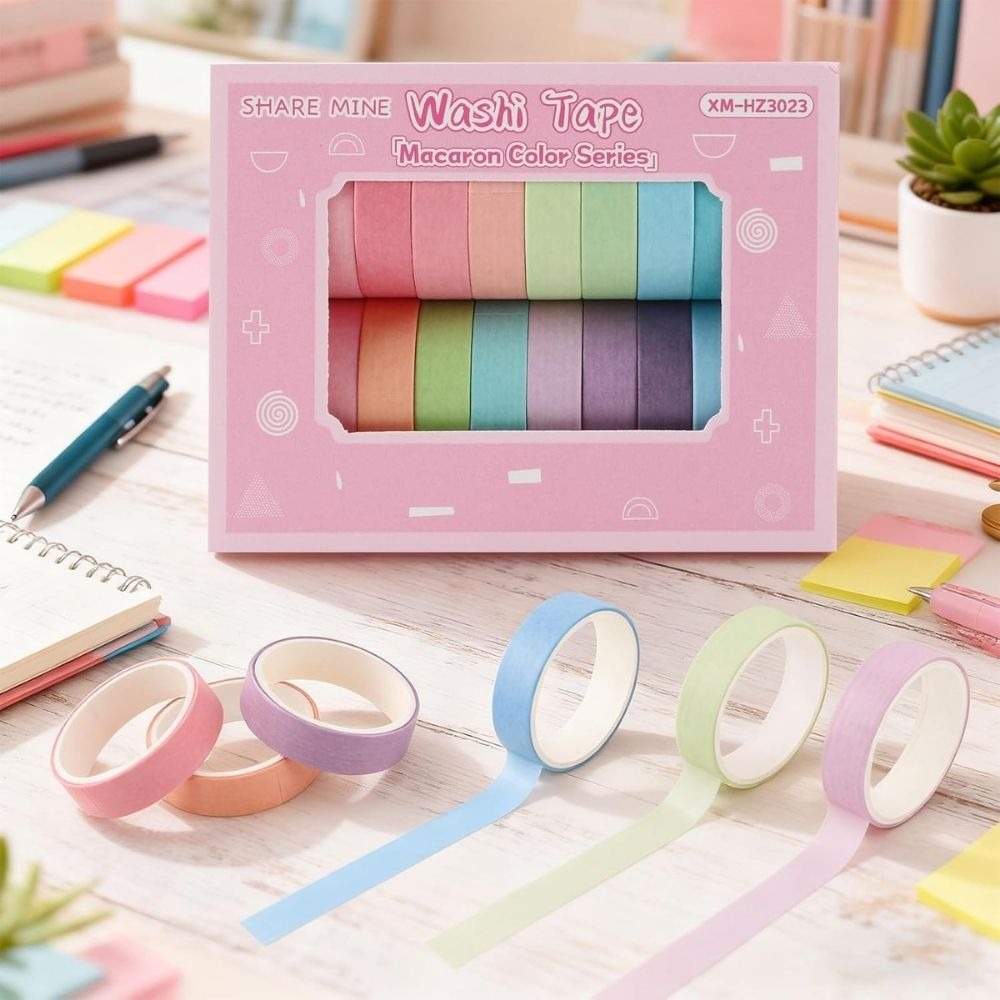 Macaroon Color Series Washi Tape Set – Cute Decorative Masking Tape Collection with Assorted Cartoon & Unicorn Designs for Scrapbooking, Journaling, Planners, Bullet Journals, Gift Wrapping, DIY Crafts & Creative Projects From CHARUKAJ