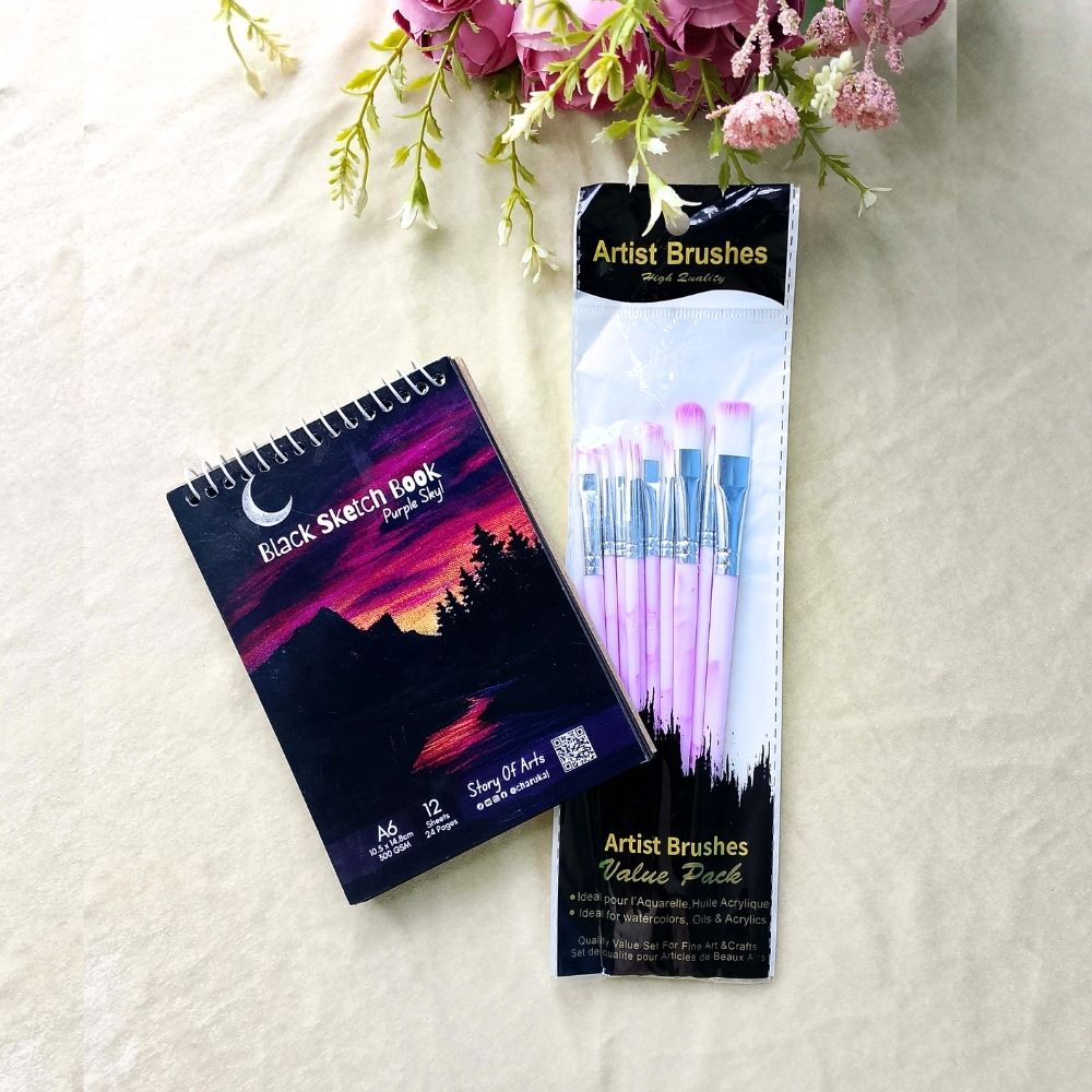 2 in 1 Combo Premium Black A5 Pad With Professional Artist Brush Artist Paint for Acrylic, Watercolor & Poster Color Multi Drawing Pads By CHARUKAJ