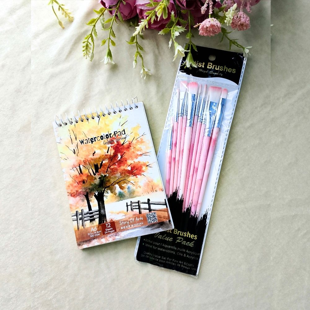 2 in 1 Combo A6 Premium Watercolor Paper Pad With Professional Artist Brush Artist Paint for Acrylic, Watercolor & Poster Color Multi Drawing Pads By CHARUKAJ