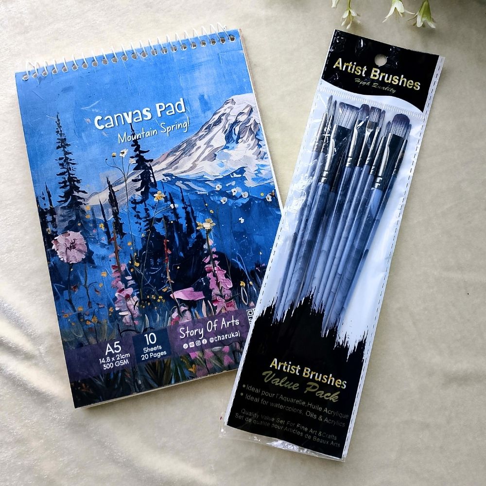 2 in 1 Combo Premium Canvas Paper A5 Pad With Professional Artist Brush Artist Paint for Acrylic, Watercolor & Poster Color Multi Drawing Pads By CHARUKAJ