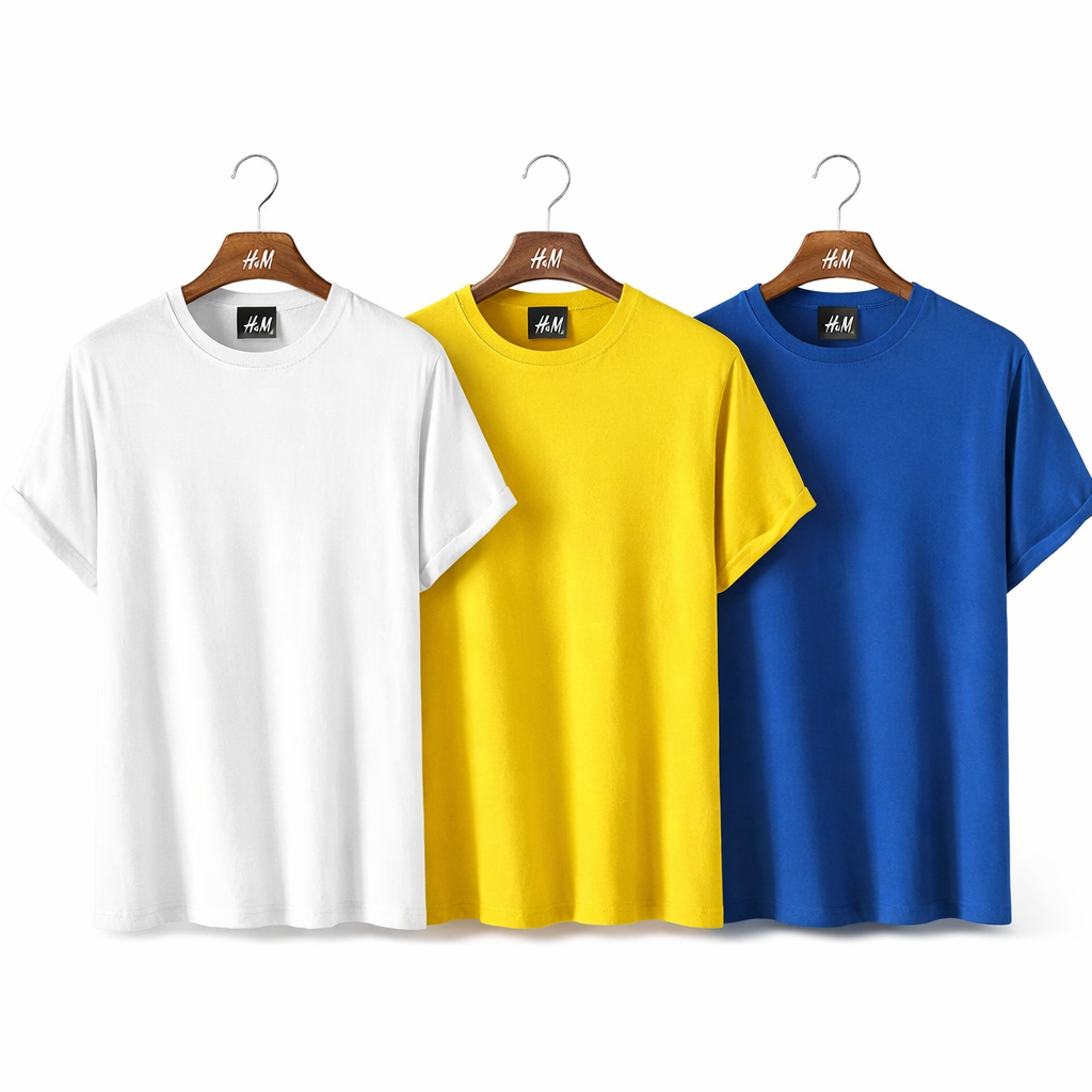 Men’s 3-Piece T-Shirt Combo (White + Yellow + Royal Blue) | Premium Cotton |