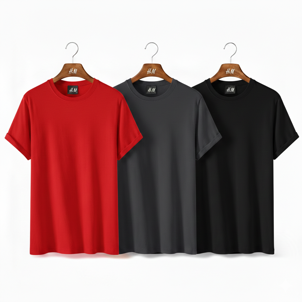 Men’s 3-Piece T-Shirt Combo (Red + Charcoal + Black) | Premium Cotton |