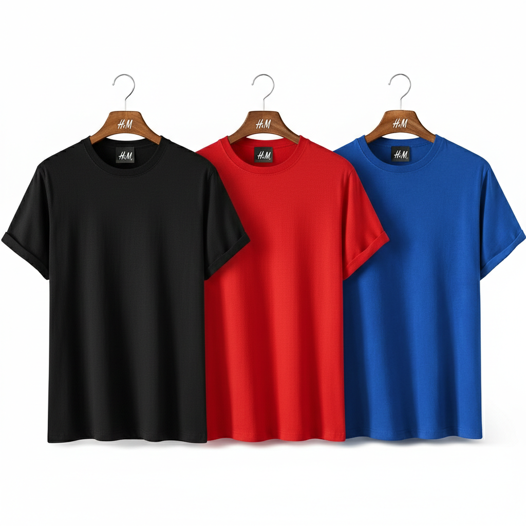 Men’s 3-Piece T-Shirt Combo (Black + Red + Royal Blue) | Premium Cotton |