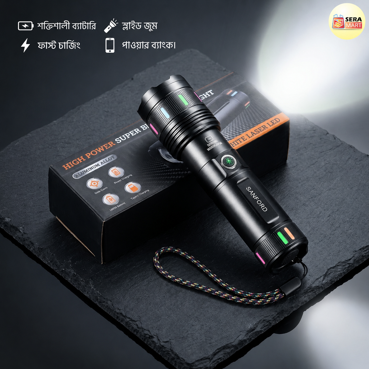 SANFORD Rechargeable High Power LED Zoom Flashlight || Power Bank & Type-C Charging ||