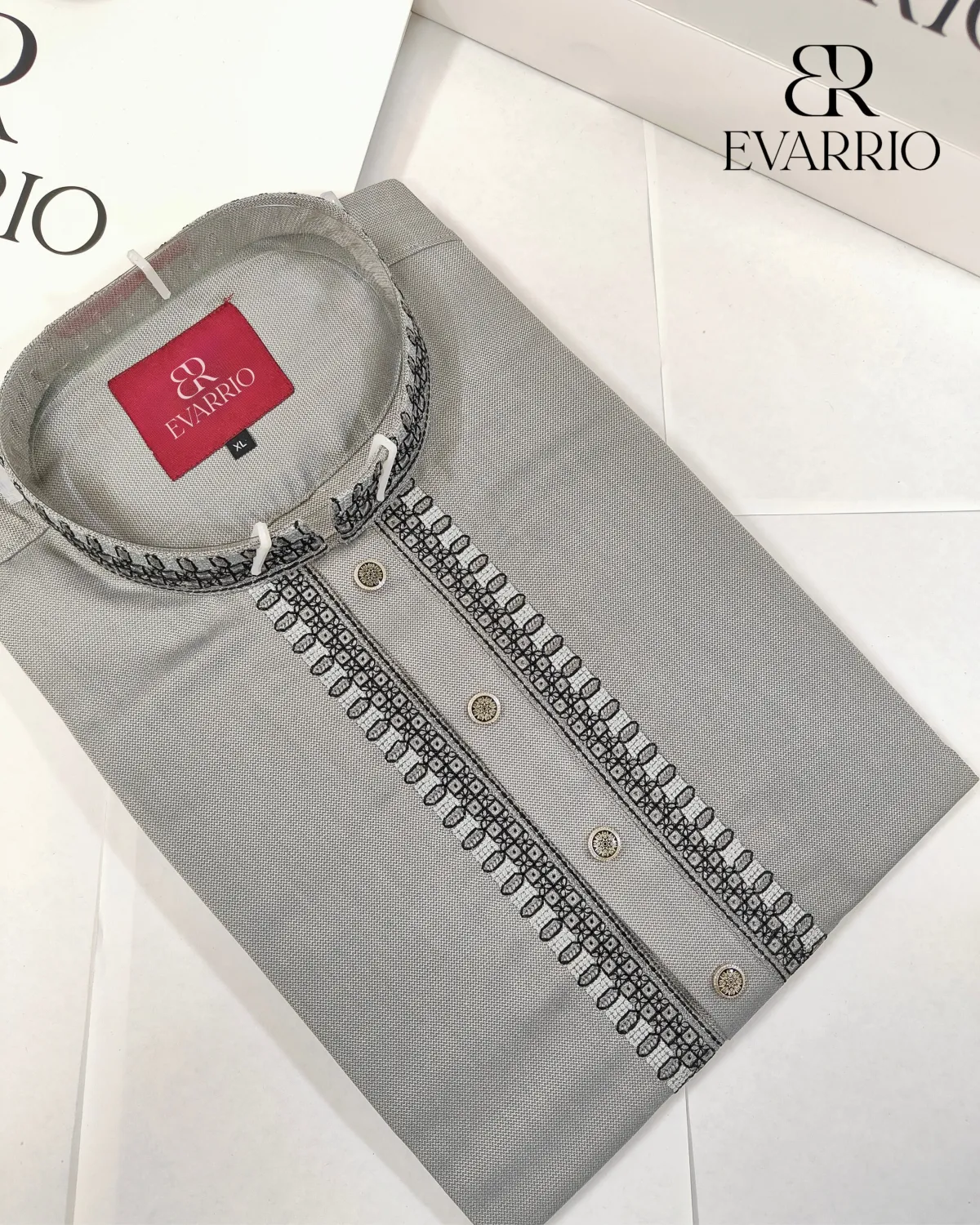 Evarrio Slate Steel Geometric Embroidered Premium Panjabi - Image 1