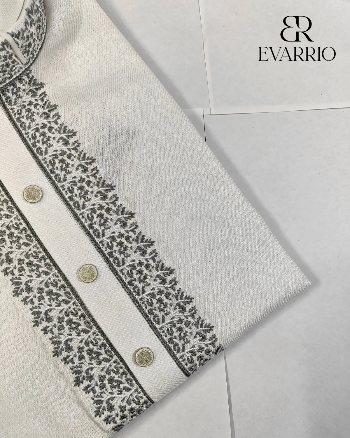 Evarrio Heritage Ivory Panjabi with Intricate Slate Embroidery - Image 1