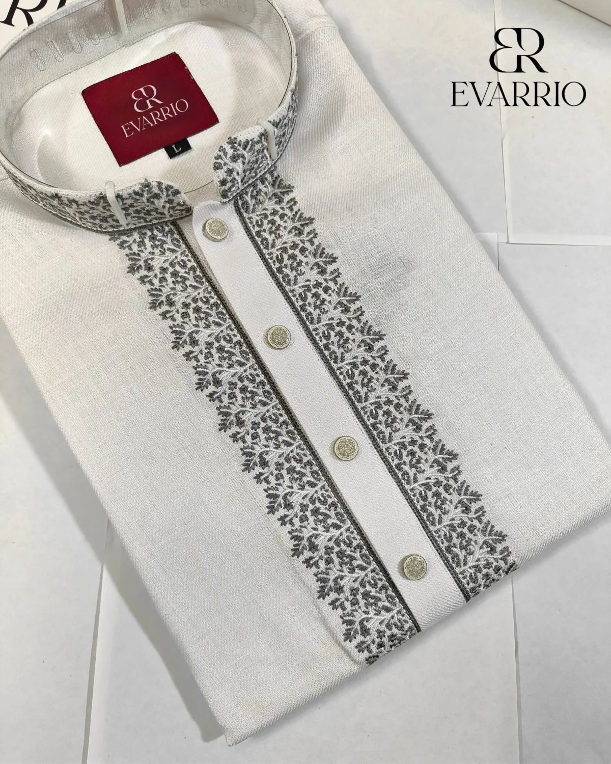 Evarrio Heritage Ivory Panjabi with Intricate Slate Embroidery - Image 2
